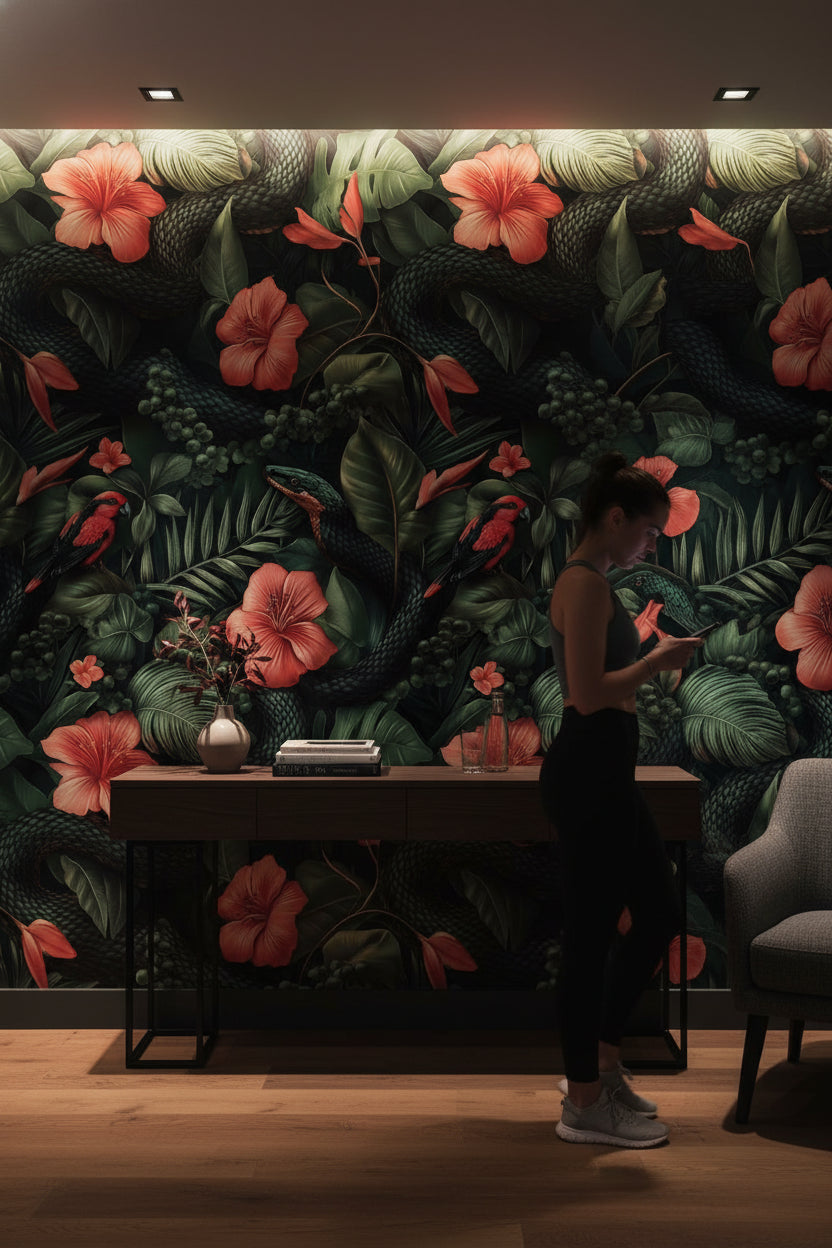 Dark Black Jungle Floral and Bird Wallpaper
