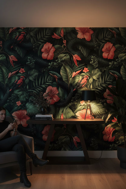 Dark Black Jungle Floral and Bird Wallpaper