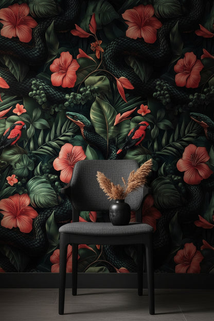 Dark Black Jungle Floral and Bird Wallpaper