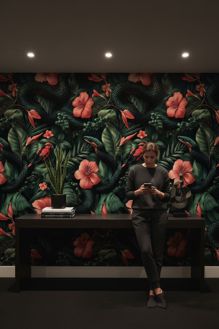 Dark Black Jungle Floral and Bird Wallpaper