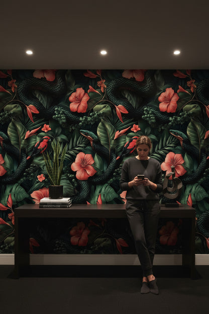 Dark Black Jungle Floral and Bird Wallpaper