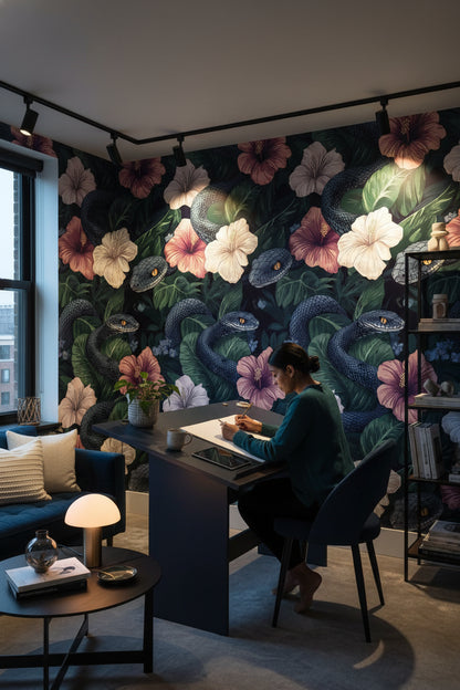 Dark Botanical Snake and Hibiscus Wallpaper