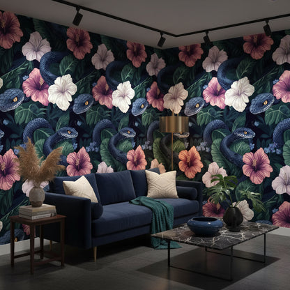 Dark Botanical Snake and Hibiscus Wallpaper