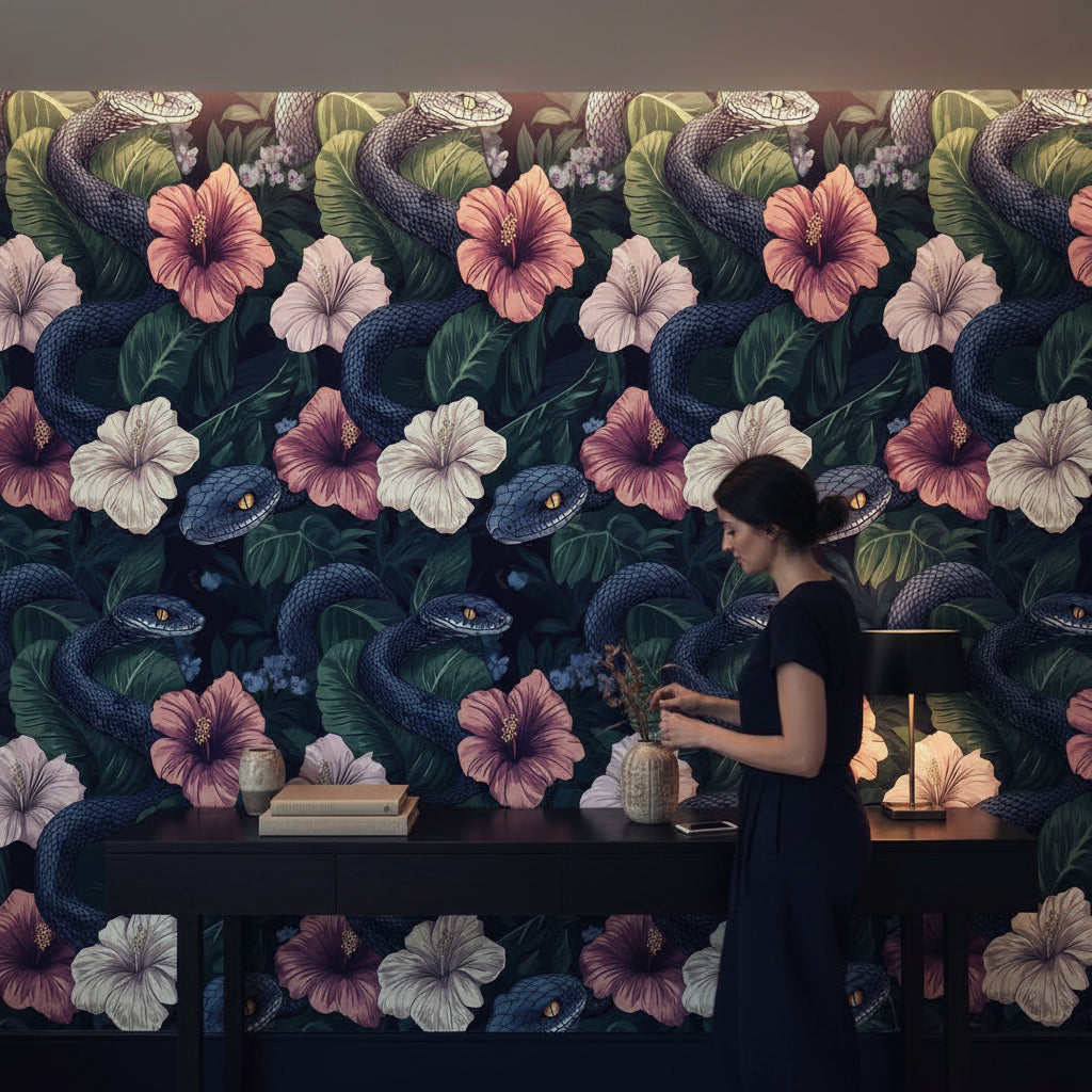 Dark Botanical Snake and Hibiscus Wallpaper