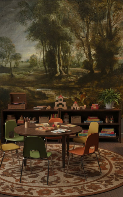 Dark Green Antique Landscape Wall Mural