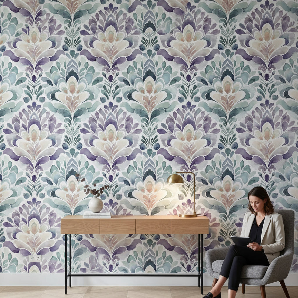 Damask Wallpaper Watercolor Mural Abstract Wall Decor