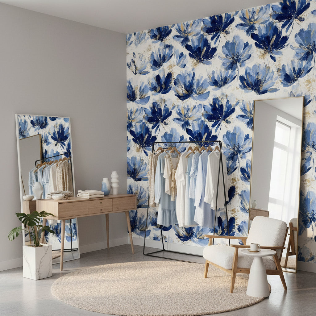 Cobalt Blue Large Flower Floral Wallpaper