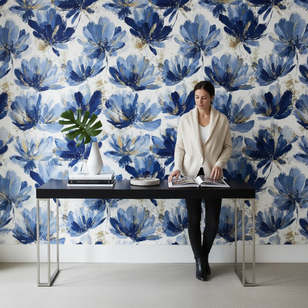 Cobalt Blue Large Flower Floral Wallpaper