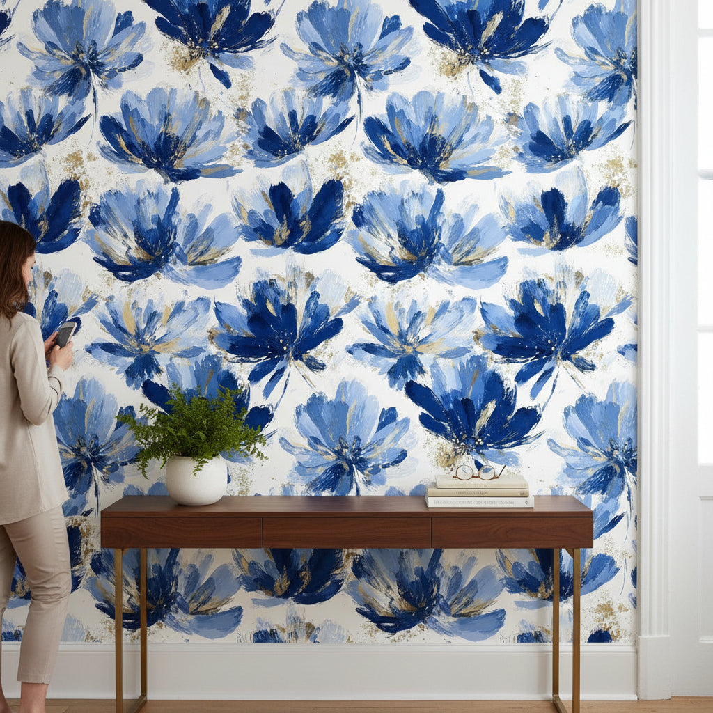 Cobalt Blue Large Flower Floral Wallpaper