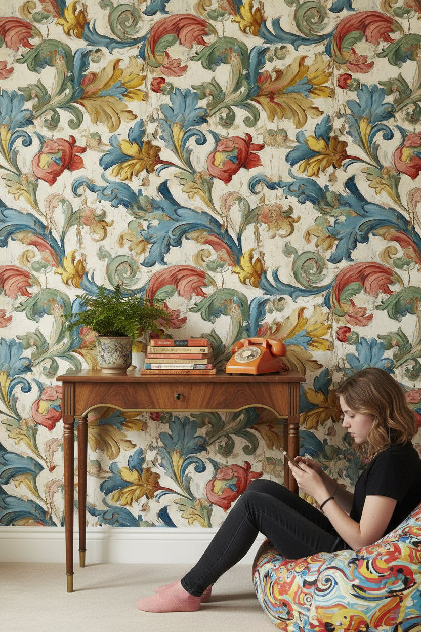 Cream Multicolor Vintage Floral Wallpaper