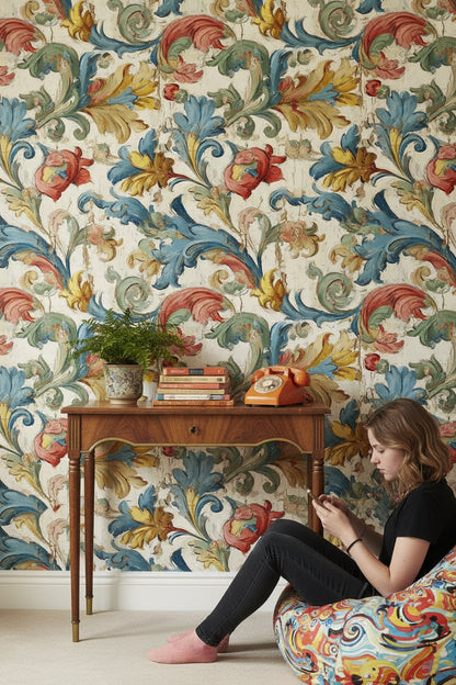 Cream Multicolor Vintage Floral Wallpaper