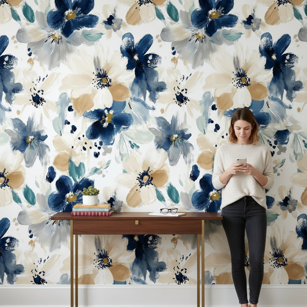 Floral Wallpaper Abstract Removable Blue Wall Double Roll