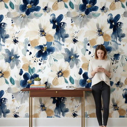 Ivory and Navy Bold Floral Pattern Wallpaper