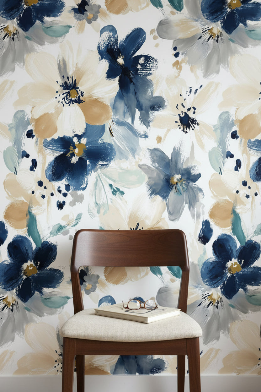 Floral Wallpaper Abstract Removable Blue Wall Double Roll