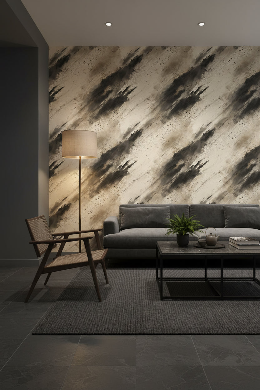 Beige and Black Abstract Brushstroke Wallpaper