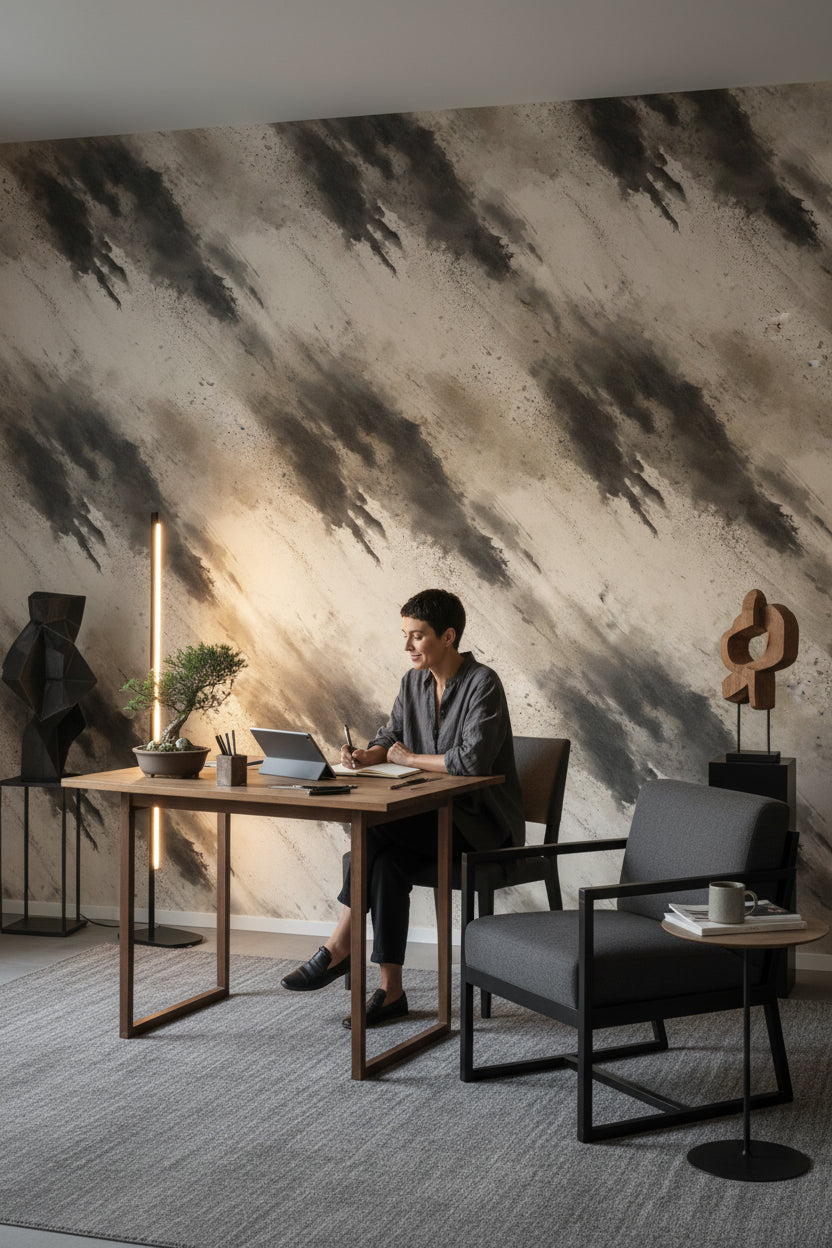 Beige and Black Abstract Brushstroke Wallpaper