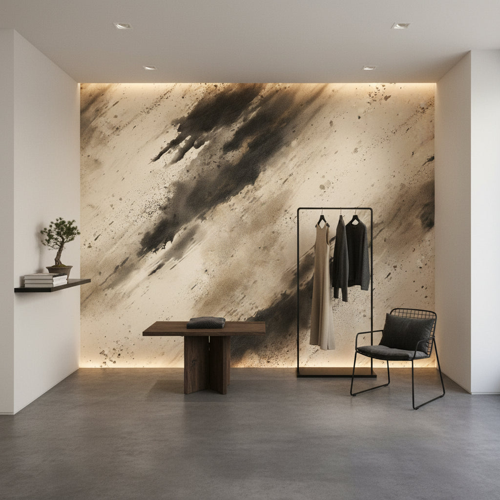 Beige and Black Abstract Brushstroke Wallpaper