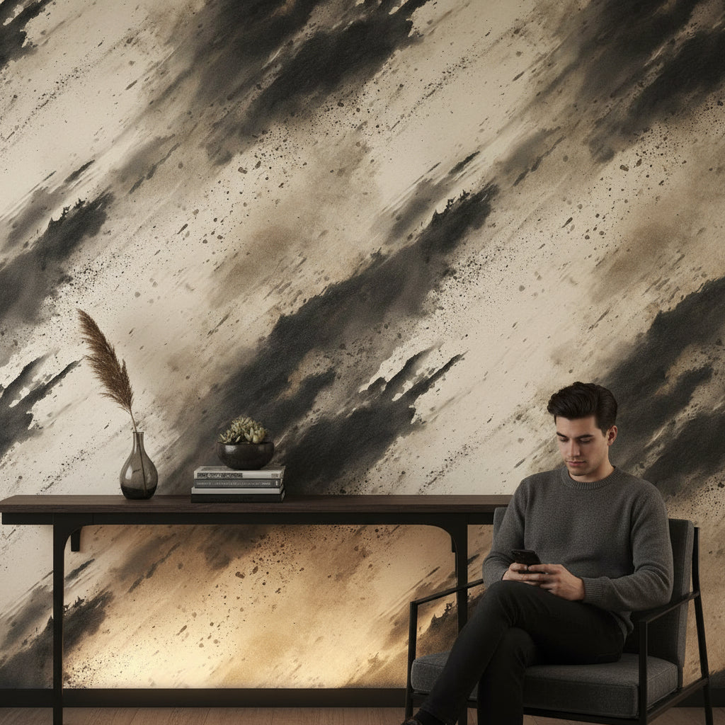Beige and Black Abstract Brushstroke Wallpaper