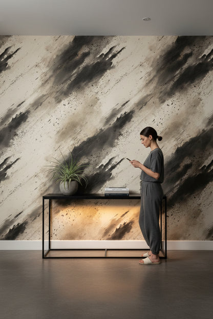 Beige and Black Abstract Brushstroke Wallpaper