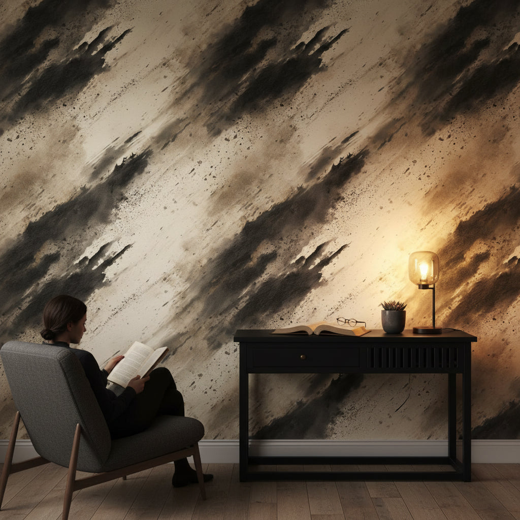 Beige and Black Abstract Brushstroke Wallpaper