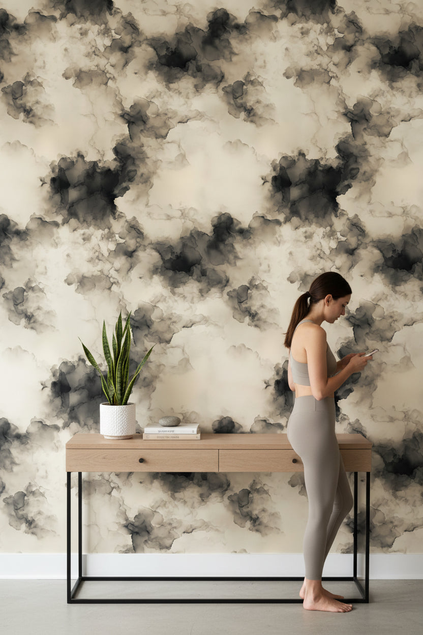 Cream and Black Abstract Cloud Wallpaper