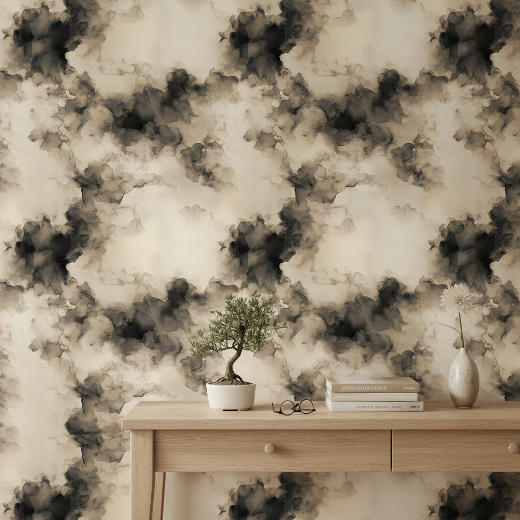 Cream and Black Abstract Cloud Wallpaper
