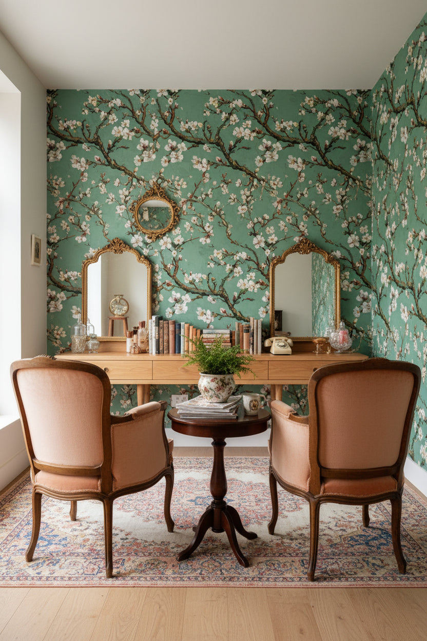 Sage Green Blossoming Cherry Branch Wallpaper