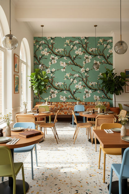 Sage Green Blossoming Cherry Branch Wallpaper