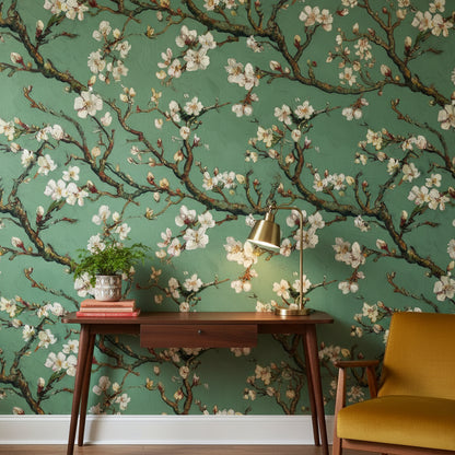 Sage Green Blossoming Cherry Branch Wallpaper