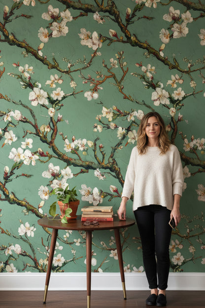 Sage Green Blossoming Cherry Branch Wallpaper