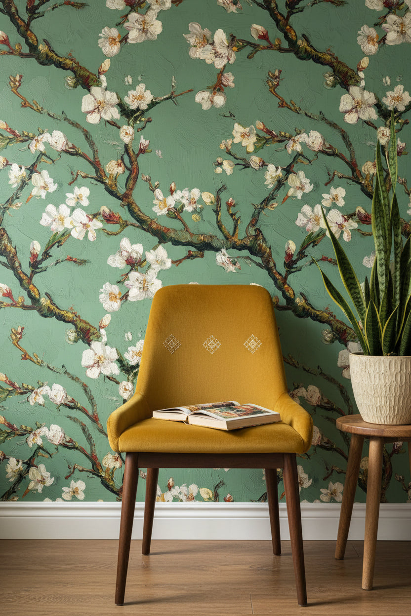 Sage Green Blossoming Cherry Branch Wallpaper