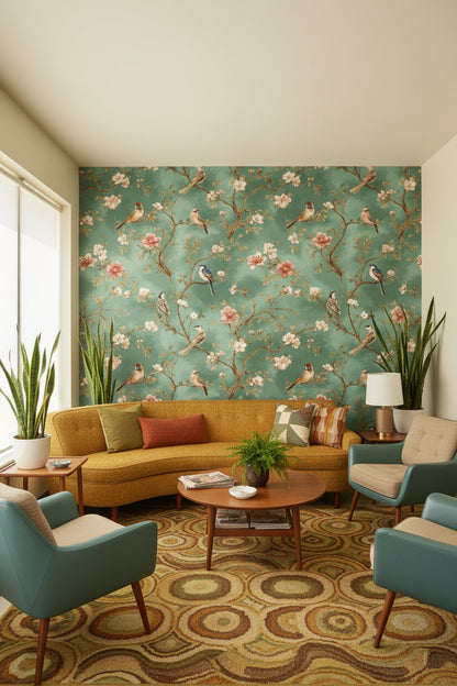 Vintage Green Cherry Blossom and Bird Wallpaper