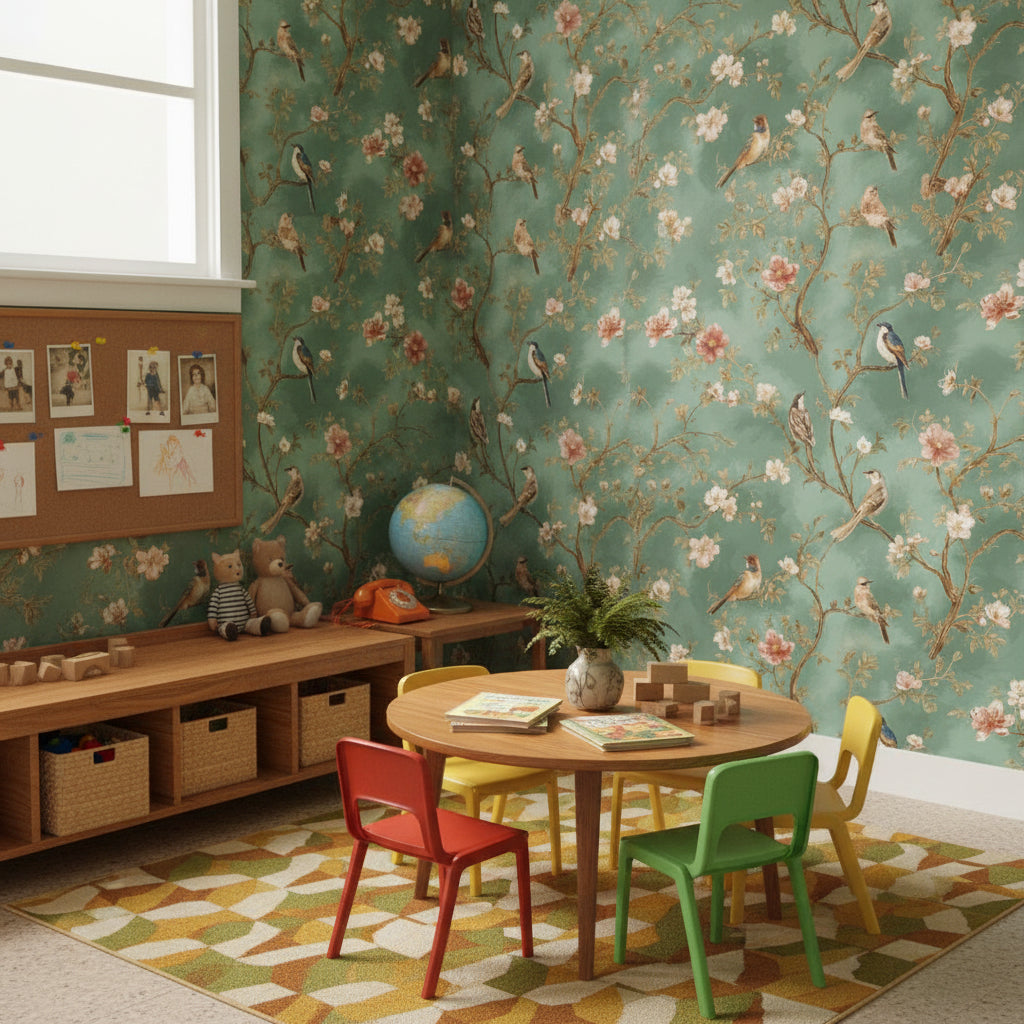 Muted Green Wallpaper Vintage Floral Wall Mural