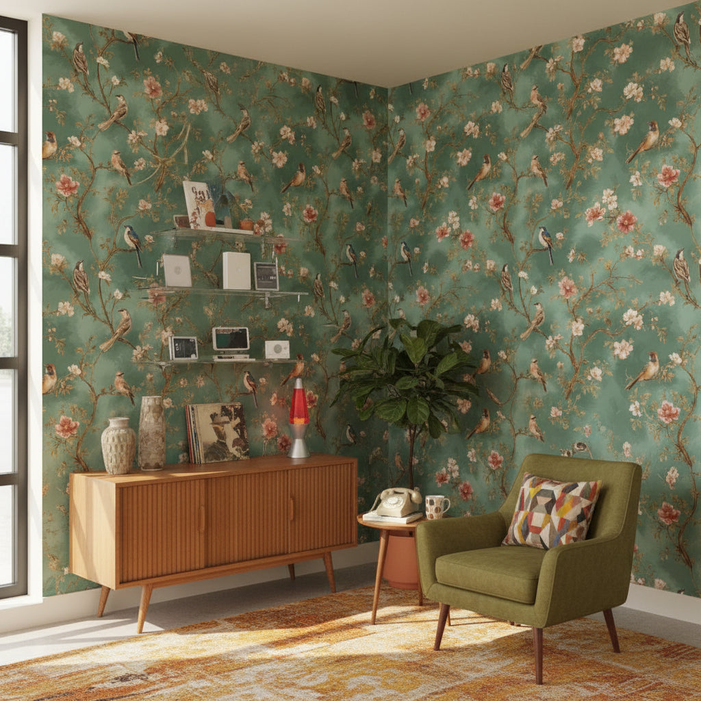Vintage Green Cherry Blossom and Bird Wallpaper