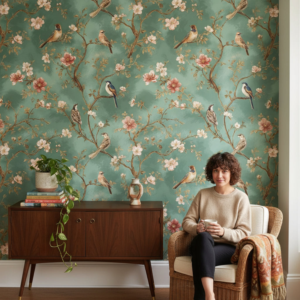 Vintage Green Cherry Blossom and Bird Wallpaper