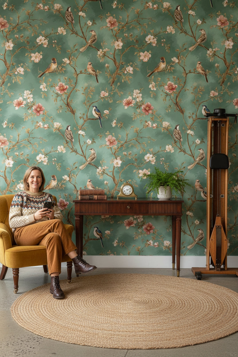 Vintage Green Cherry Blossom and Bird Wallpaper