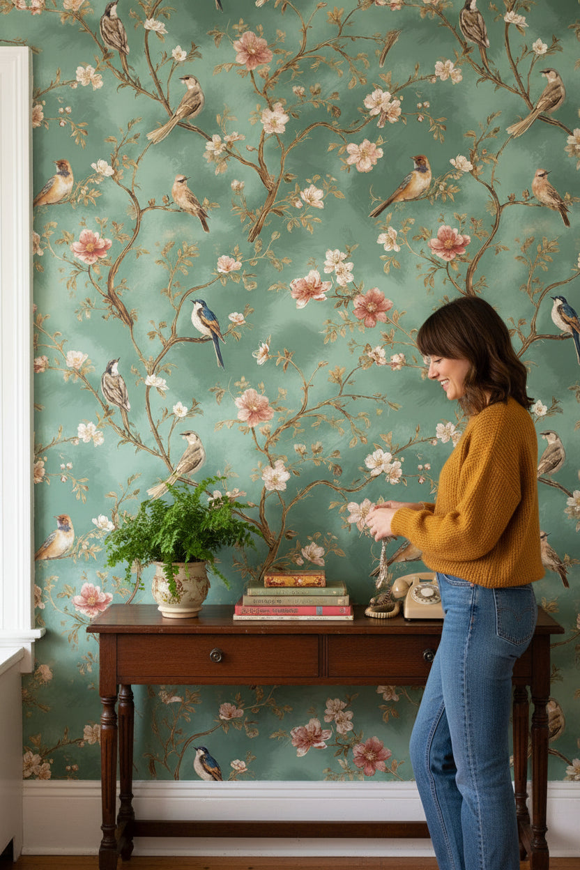 Vintage Green Cherry Blossom and Bird Wallpaper