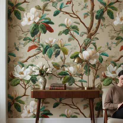 Soft Beige Magnolia Botanical Wallpaper