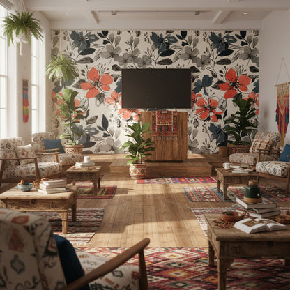 Coral and Blue Oversized Floral Wallpaper