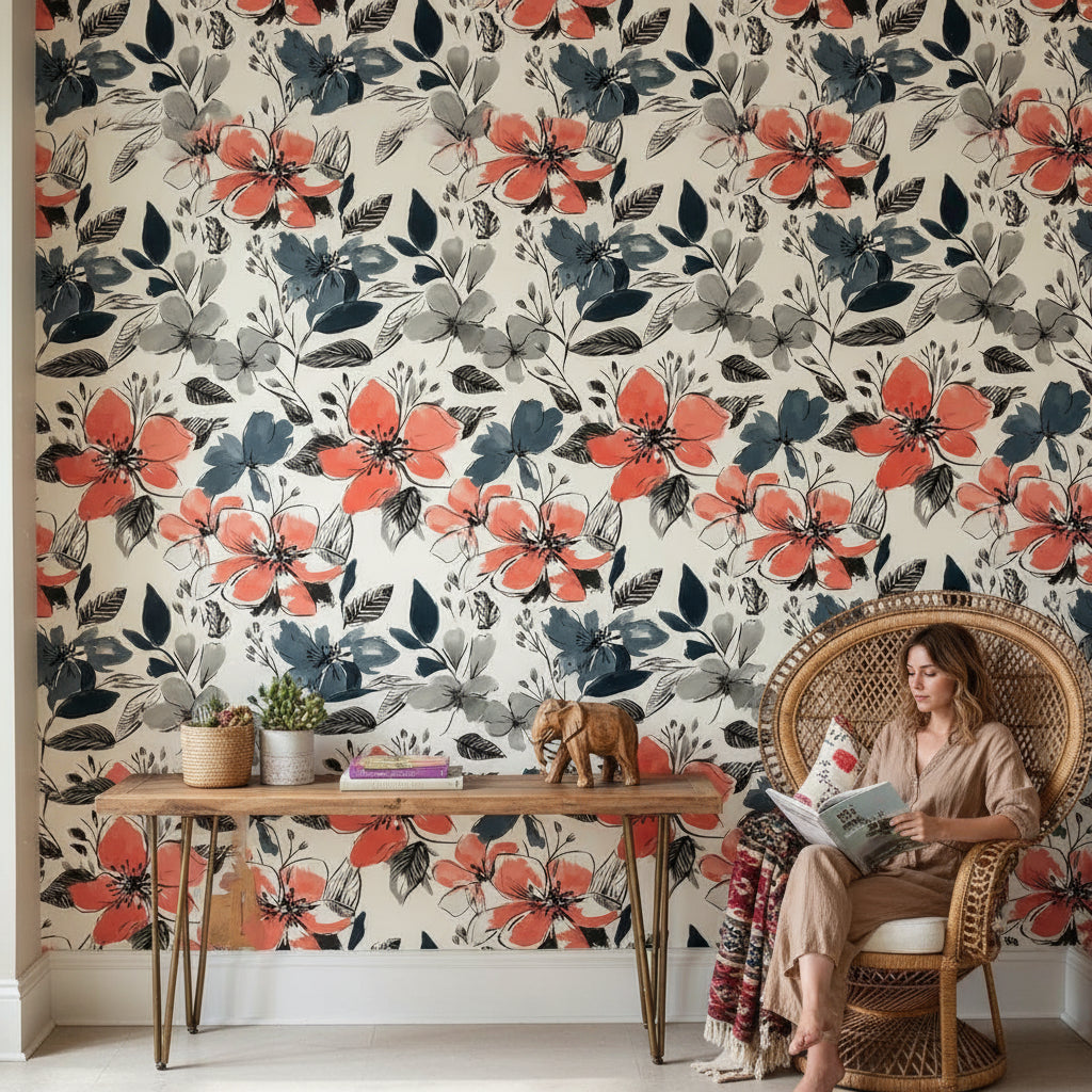 Floral Wallpaper Contemporary Coral Removable Wall Decor