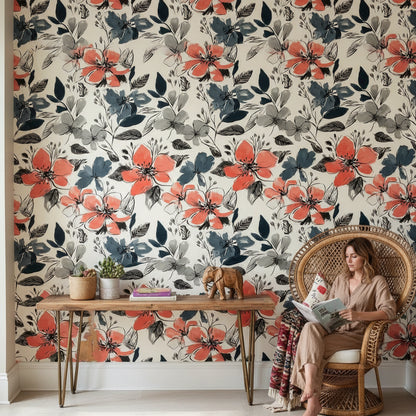 Coral and Blue Oversized Floral Wallpaper