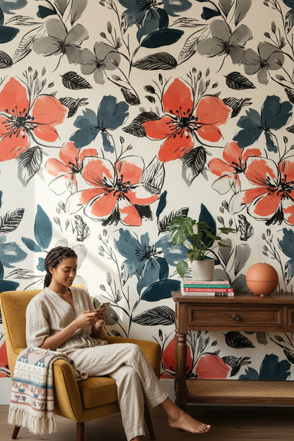 Coral and Blue Oversized Floral Wallpaper