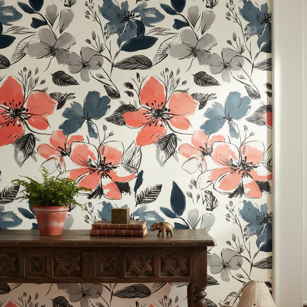 Floral Wallpaper Contemporary Coral Removable Wall Decor