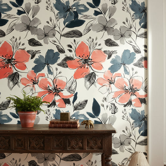Floral Wallpaper Contemporary Coral Removable Wall Decor