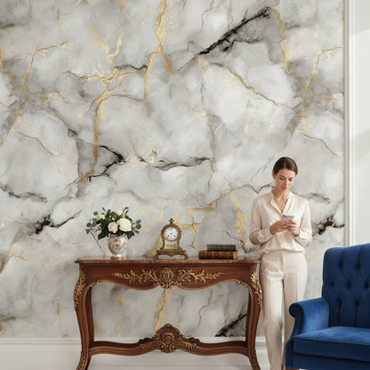 White and Golden Look Marble Texture Wallpaper