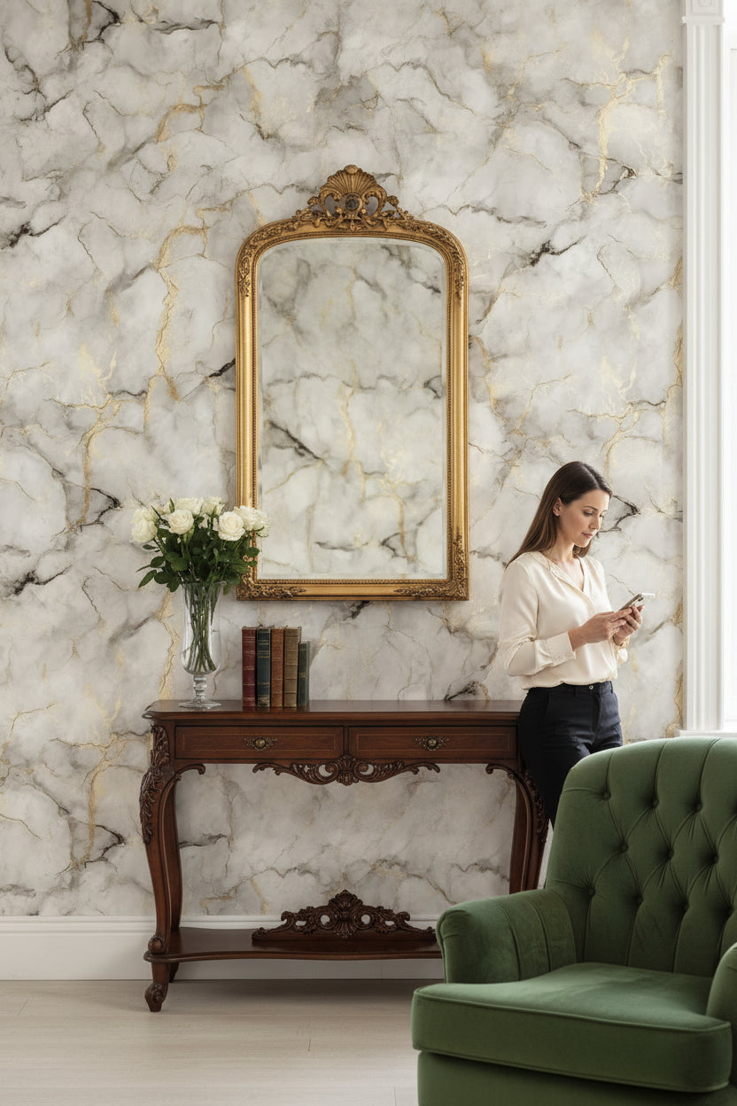 White and Golden Look Marble Texture Wallpaper