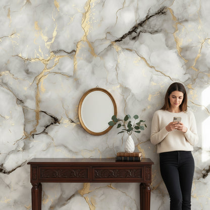 White and Golden Look Marble Texture Wallpaper