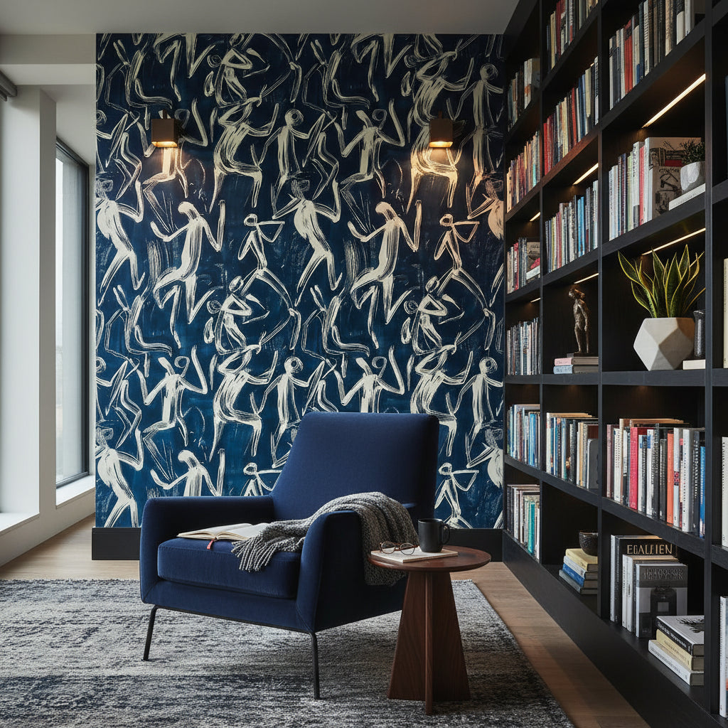 Navy Blue Abstract Figures Pattern Wallpaper
