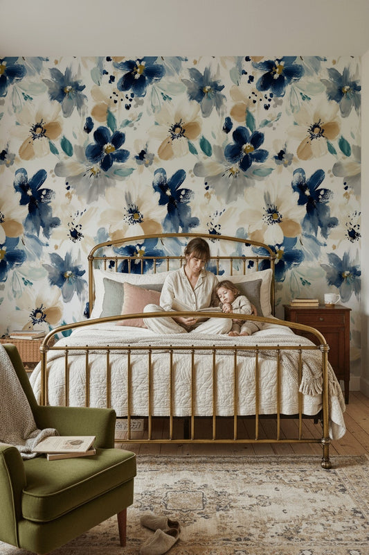 Floral Wallpaper Abstract Removable Blue Wall Double Roll