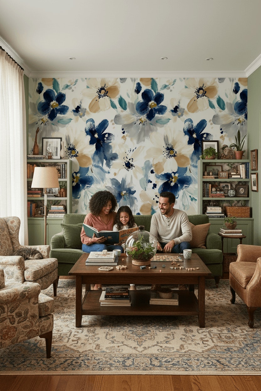 Floral Wallpaper Abstract Removable Blue Wall Double Roll